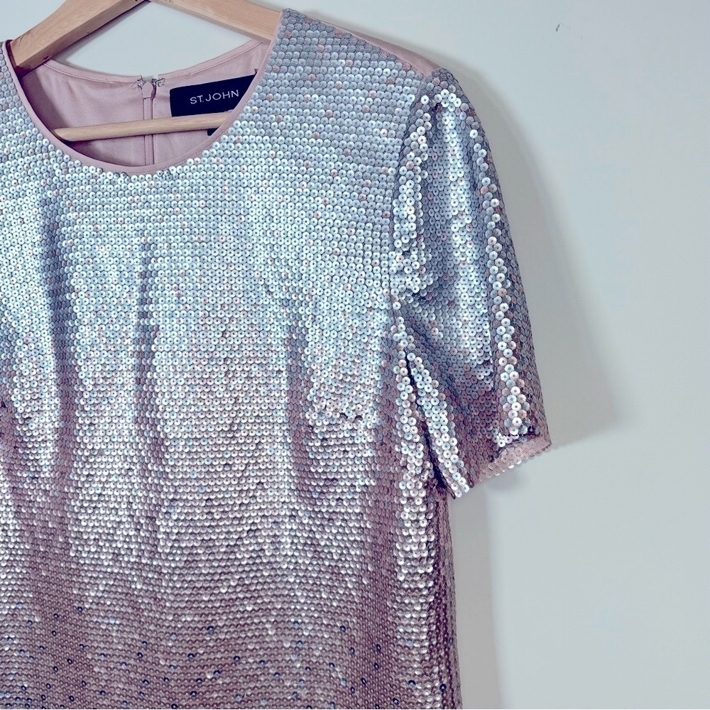 HOLIDAY St. John Sequin Short Sleeve Shell Top Sweater Silver Pink Hombre Size 4